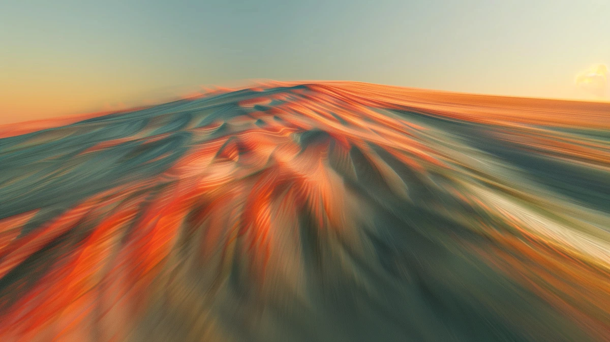 Sunset light casting orange hues on smooth sand dunes.