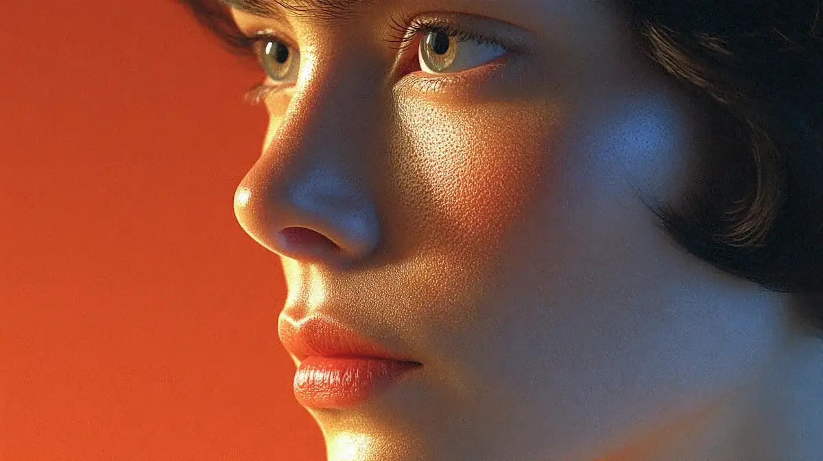 Close-up side profile of a professional against an orange background.